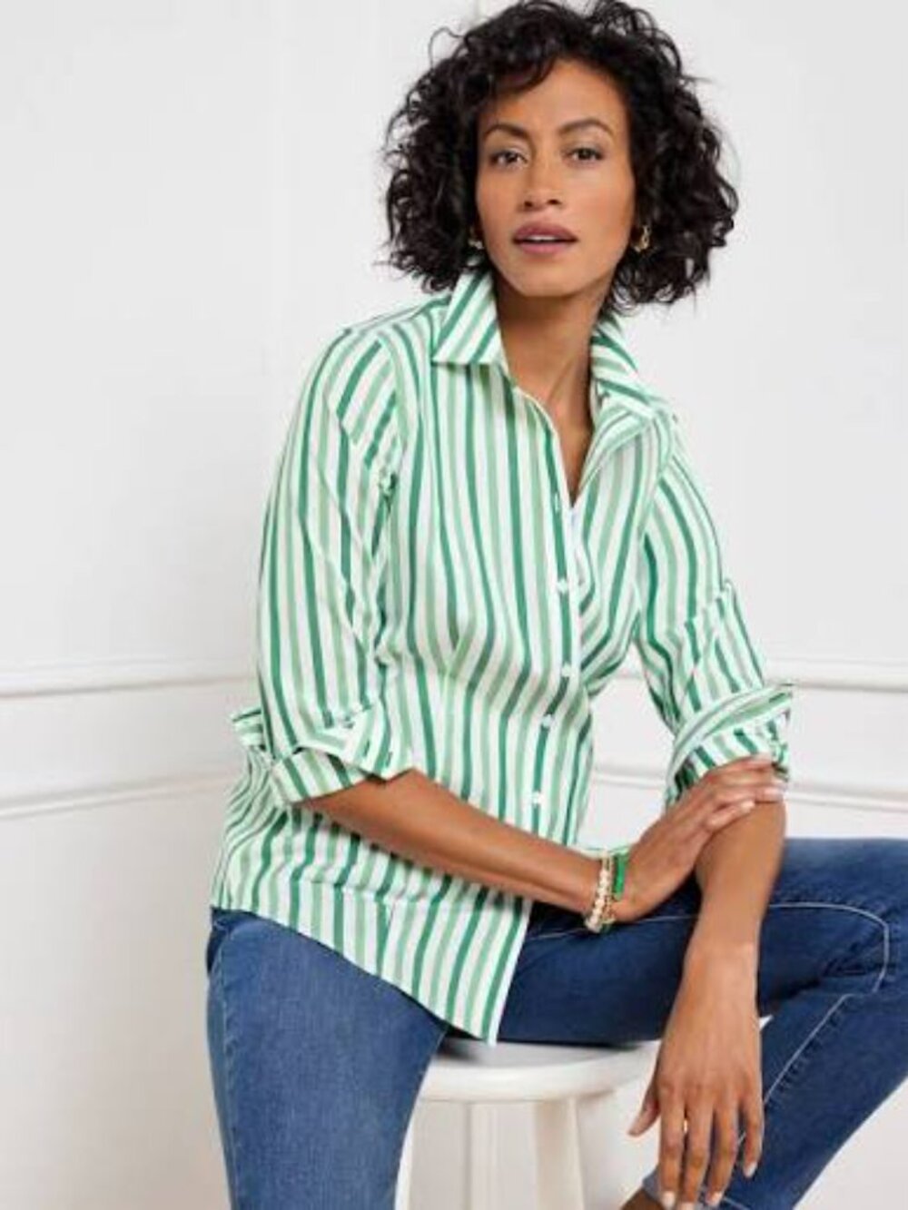 BRAND NEW! Talobts Non-Iron Perfect Shirt - Green Stripe Size 10